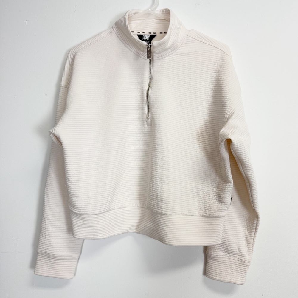 DKNY Sport Pullover Womens Medium White Half Zip Mock Neck Textured Sweatshirt